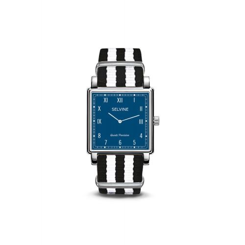 Montre Femme Selvine Cadran 28 mm En Alliage Bleu Et Bracelet Noir Et Blanc En Nylon SPRE3