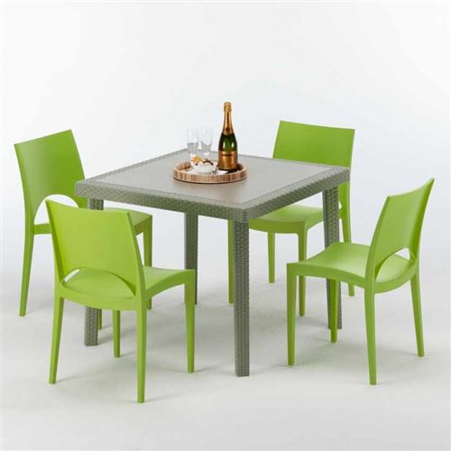 Table carrée beige + 4 chaises colorées Poly rotin synthétique ELEGANCE, Chaises Modèle: Paris Vert