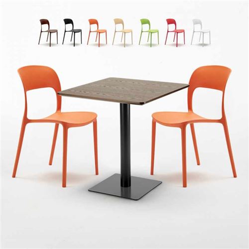 Table carrée 70x70 effet bois avec 2 chaises colorées Restaurant Melon, Couleur: Orange