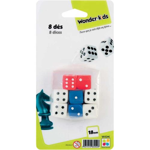 WONDERKIDS - A1500177 - 8 Dés - Assortiment de 8 dés blancs, rouges et bleus - Inventez vos propres règles !