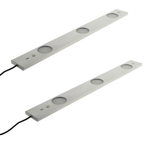 Lot de 2 réglettes plates LED 3x 6,2W - Interrupteur et capteur de mouvement - 50cm - Inox brosse