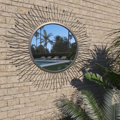 Miroir Mural de Jardin Mirror de Patio Décoration Rayons de Soleil 80 cm Noir