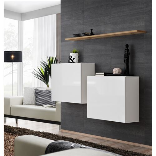 Ensemble meubles de salon SWITCH SBI design, coloris blanc brillant et étagère chêne Wotan.