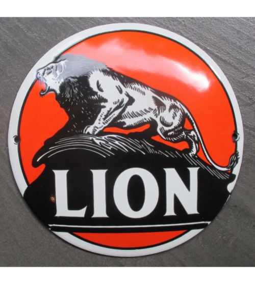 mini plaque emaillée lion orange tole ronde 12cm deco métal garage huile essence