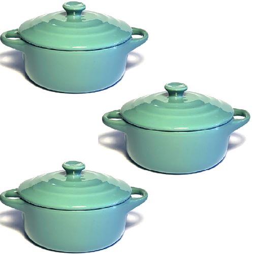 Lot de 3 mini cocottes bleues turquoises double poignée avec couvercle Hobby Cook