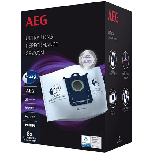 Pack gr210sm s-bag(r) ultra long performance aeg - contient 8 sacs a poussiere synthetiques xxl, 1 filtre moteur, 1 micro-filtre. - h862739