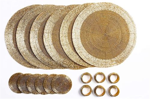 Penguin Home® Ensemble de Sous-Verres, Ronds de Serviette et Sets Table Ronds Perles Verre 18 Pièces, Or