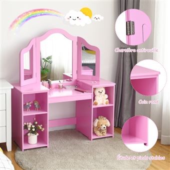 coiffeuse giantex pour enfants 2 en 1 avec miroir amovible, bureau enfant  avec 4 étagères de style princesse pour filles, rose - Achat & prix