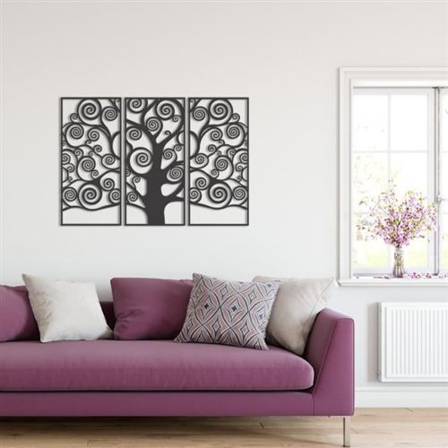 Décoration Murale Arbre De Vie Dekory - 3 Panneaux Métal 150x75cm - Noir - Effet 3D
