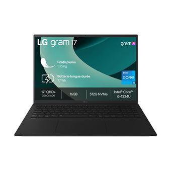 LG gram 17Z90RU-G.AP55F - Intel Core i5 - i5-1334U / jusqu'à 4.6 GHz - Win 11 Pro - Carte graphique Intel Iris Xe - 16 Go RAM - 512 Go SSD NVM Express (NVMe) Gen 4 - 17" IPS 2560 x 1600 (WQXGA) - Wi-Fi 6E - Noir vitreux - clavier : Français - 1
