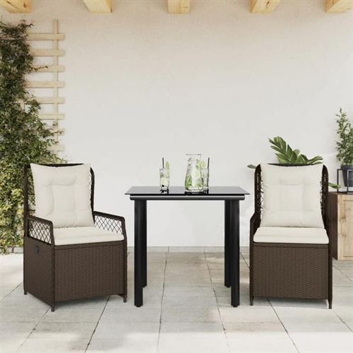 Vidaxl Marron Ensemble À Manger De Jardin 3 Pcs Et Coussins Poly Rotin 3262978 - Image 2