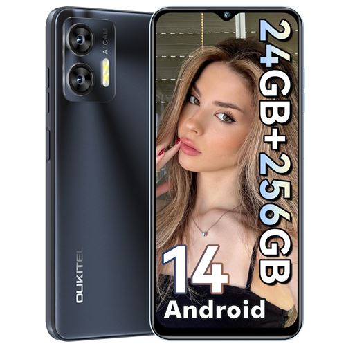 Smartphone OUKITEL C36,24(8+16)Go+256Go/1 To,Android 14,écran 6,56HD+/90Hz,5150mAh,double SIM 4G Smartphone,noir