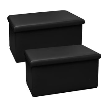 Lot de 2 pouf coffre de rangement pliable carré, tabouret cube pliant avec couvercle amovible, repose-Pieds en PVC coloris noir - Longueur 76 x Profondeur 38 x Hauteur 38 cm -JUANIO - - 1