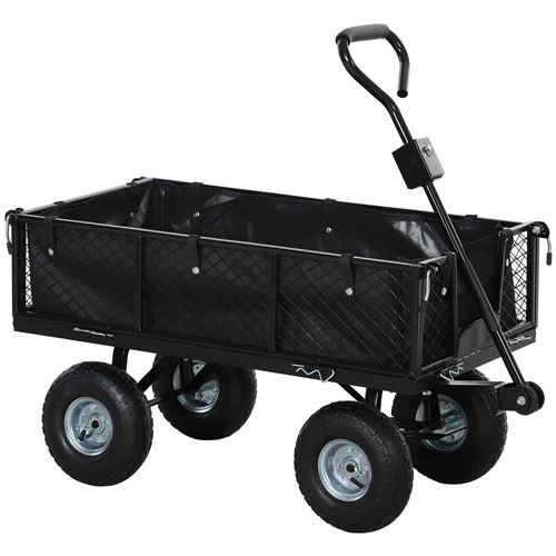 Carrito de jardín Outsunny, carrito de transporte, carrito con ruedas, lona extraíble y mango giratorio ° Carrito de transporte con asientos plegables y mesas inflables de 25 cm, negro