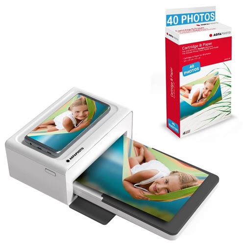 AGFA PHOTO Pack Imprimante Realipix Moments + Cartouches et papiers 40 photos supplementaires - Impression Bluetooth Photo 10x15 cm Smartphone Apple et Android, 4Pass Sublimation Thermique - Blanc