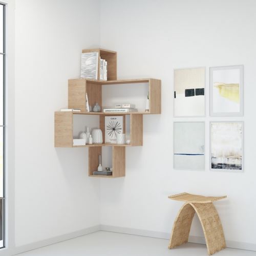 HOMEMANIA Bibliothèque Alison Meuble Murale, Étagère de Rangement à Angle - avec Compartiments - pour Séjour, Bureau - en Bois Naturel, 70 x 70 x 122,5 cm
