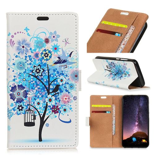 Etui en PU impression de motifs cage d'arbre à fleurs bleues pour votre Motorola Moto G7 Power