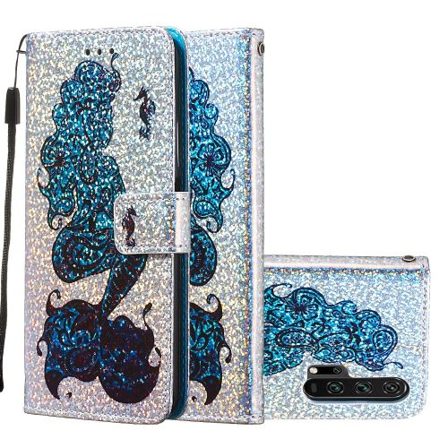 Etui en PU paillettes de paillettes de surface d'impression Sirène pour votre Huawei Honor 20 Pro