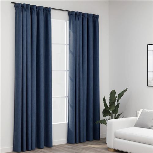 vidaXL Rideaux occultants aspect lin avec crochets 2pcs Bleu 140x225cm