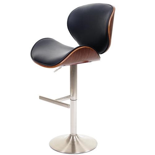 Tabouret de bar Foxrock bois courbé pied métal brossé aspect noyer similicuir noir