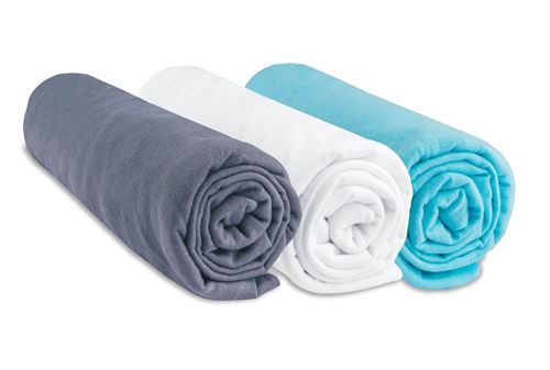 Lot de 3 draps housse Coton - 60x120 - gris blanc turquoise