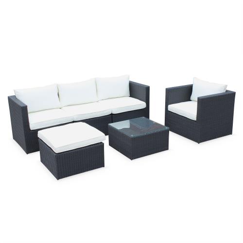 Salon de jardin résine tressée - Benito Noir et Ecru - Coloris noir coussins écrus structure aluminium canapé d'extérieur 6 éléments 5 places