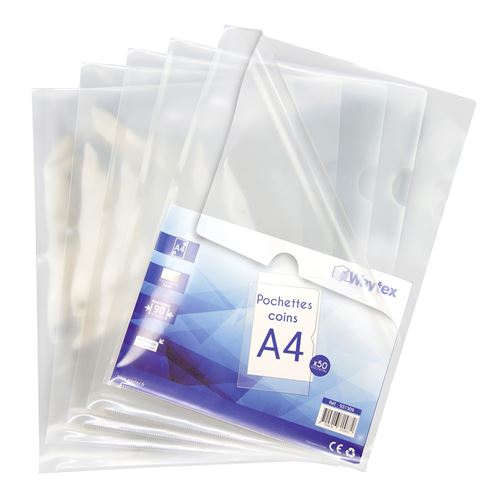 Pochettes coin transparentes A4 Waytex 931309 Lisses 90 microns - Paquet de 50