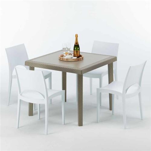 Table carrée beige + 4 chaises colorées Poly rotin synthétique ELEGANCE, Chaises Modèle: Paris Blanc