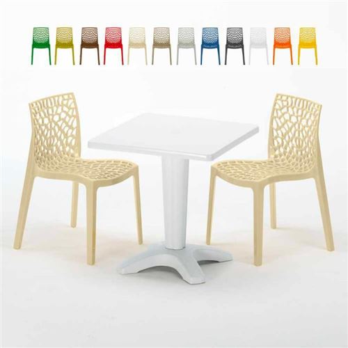 Table Carrée Blanche 70x70cm Avec 2 Chaises Colorées Grand Soleil Set Bar Café Gruvyer Patio, Couleur: Beige
