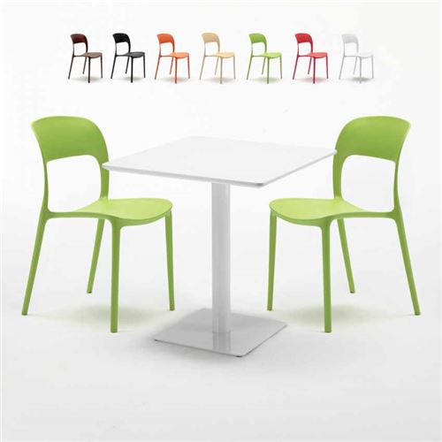 Table carrée 70x70 blanche avec 2 chaises colorées Restaurant MERINGUE, Couleur: Vert