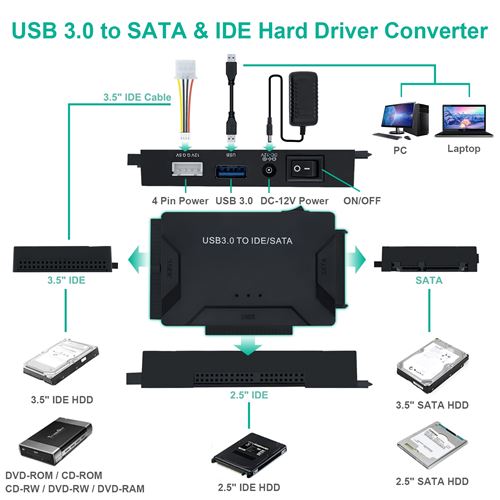 Inateck Adaptateur USB 3.0 vers SATA Disque Dur pour 2.5 / 3.5 SATA HDD/ SSD Convertisseur avec Adaptateur Alimentation Externe : :  Informatique