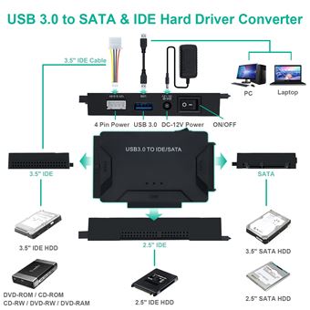 Kunova (TM) Adaptateur USB IDE USB 3.0 vers Sata IDE Convertisseur de disque  dur Combo pour disques durs IDE SATA SSD 2,5 3,5 