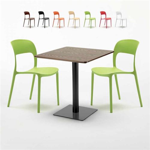 Table carrée 70x70 effet bois avec 2 chaises colorées Restaurant Melon, Couleur: Vert