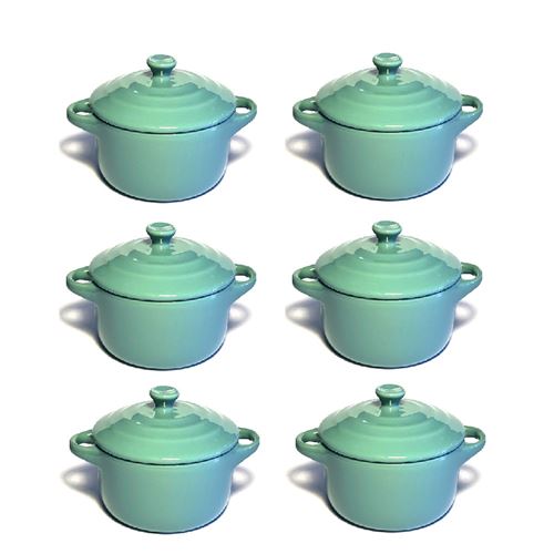 Lot de 6 mini cocottes bleues turquoises double poignée avec couvercle Hobby Cook