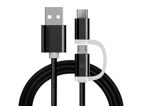 Reekin Chargeur 2 en 1 USB Micro & Type-C - 1,0 Mètre Noir-Nylon