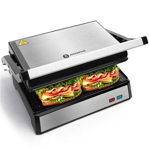 Aigostar Hett - Grill, plancha, presse à paninis, appareil à sandwichs 0% BPA, 1000W. Plaques antiadhérantes, poignée froide. Design exclusif.