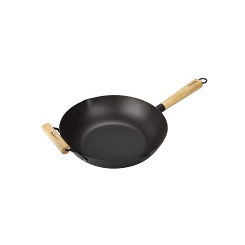 Wok en acier carbone naturel avec poignée en bois et poignée auxiliaire - 33 cm - Convient aux plaques : Électriques, gaz, induction, vitro-céramique