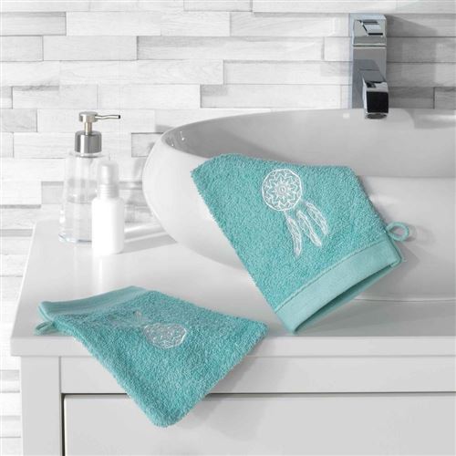 2 gants de toilette 16 x 21 cm eponge brodee talisman Menthe