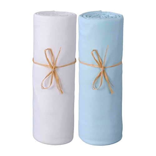 Lot de deux draps housse P'tit Basile jersey Bio 60x120 cm blanc / bleu