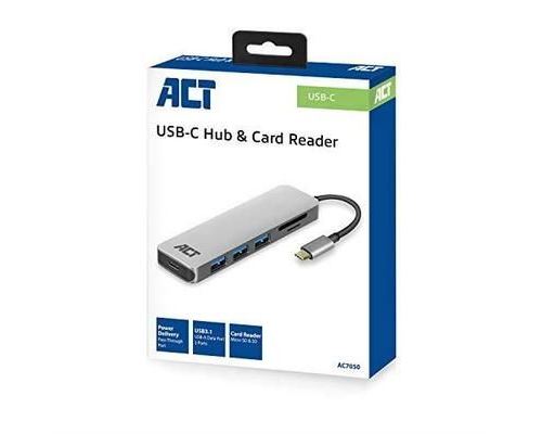 ACT Hub USB C 3.1 Gen1 (USB 3.0) et Lecteur de Carte, Ports : 3 Ports USB A Femelle, 1 connecteur Type-C avec Port PD Pass-Th