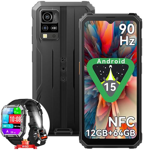 Blackview BV4800 SE Téléphone Portable Incassable,Android 15 Smartphone 12Go+64Go,6.56 HD+ 90Hz,Dual SIM 4G Noir avec Smartwatch Blackview W60