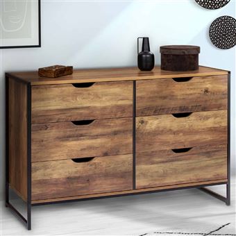 Commode 6 Tiroirs TOMI 110 Cm Effet Noyer - Rangement Chambre Bureau - Plateau Large - Montage DIY