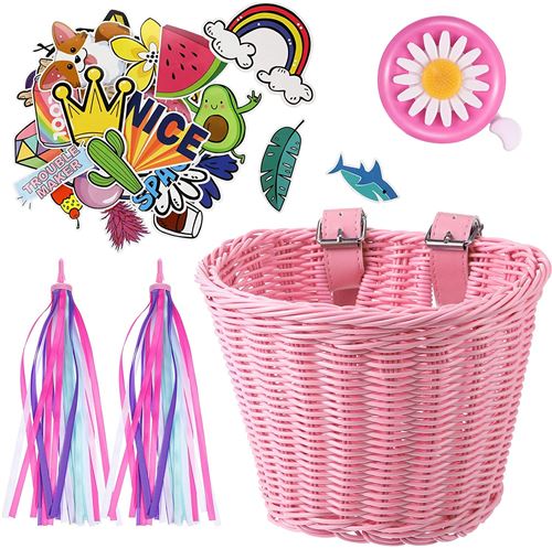 Panier Accessoire Vélo Enfants avec Sangle Réglable FONGWAN avec Sonnette Tassels Stickers pour Filles Bicyclette Décoration - Rose