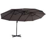 Parasol déporté grande taille XXL inclinable dim. 4,4L x 2,7l x 2,5H m piètement en acier inclus polyester gris
