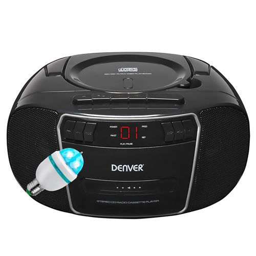 Lecteur CD Casette Denver Electronics TCP-40 Portable, Noir 2W RMS, Radio FM, Noir LCD 3,5 mm, Ampoule DIAMS LED