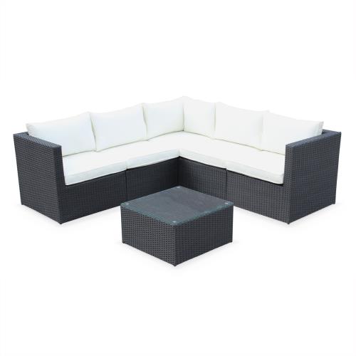 Salon de jardin résine tressée - Siena - Coloris noir coussins écrus structure aluminium canapé d'angle d'extérieur 5 places