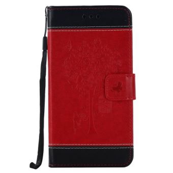 Huawei P10 Lite Housse Etui Cuir Pu Rouge Gravé Arbre Cage