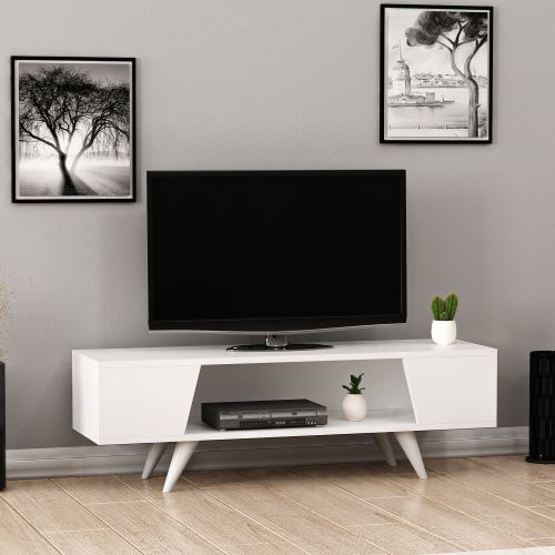 HOMEMANIA Meuble TV Nouby - avec Étagères - pour Salon - Blanc en Bois, 120 x 35 x 38 cm
