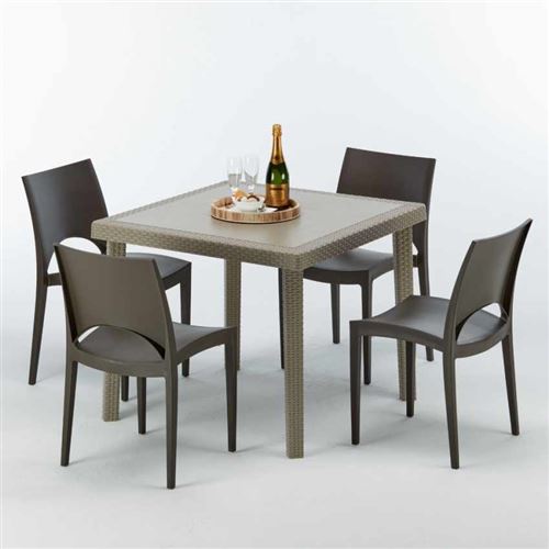 Grand Soleil - Table carrée beige + 4 chaises colorées Poly rotin synthétique Elegance, Chaises Modèle: Paris Marron Moka