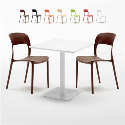 Table carrée 70x70 blanche avec 2 chaises colorées Restaurant MERINGUE, Couleur: Marron